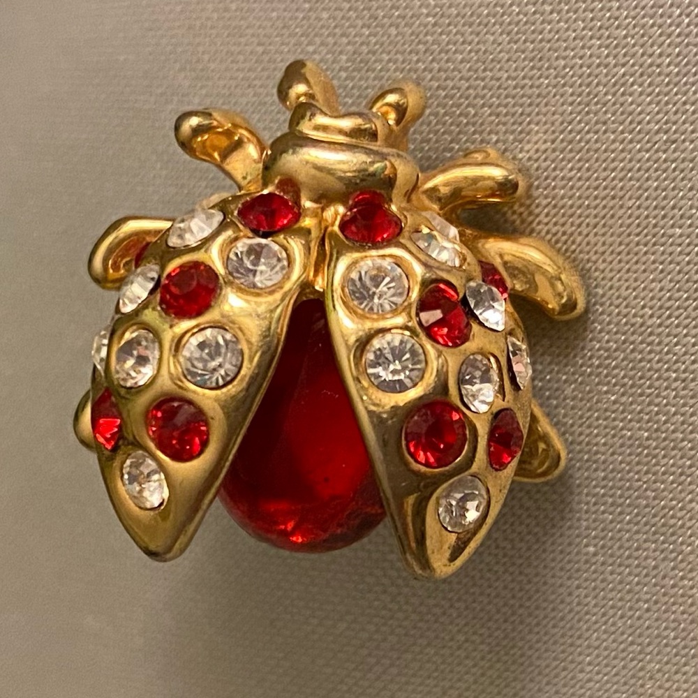 Vintage Ladybug Brooch wings are detailed with red and clear rhinestones. #12